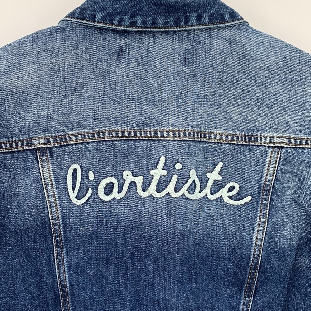 Sandrine Rose embroidery blue denim jacket coat distressing l'Artiste new Medium - Picture 5 of 6